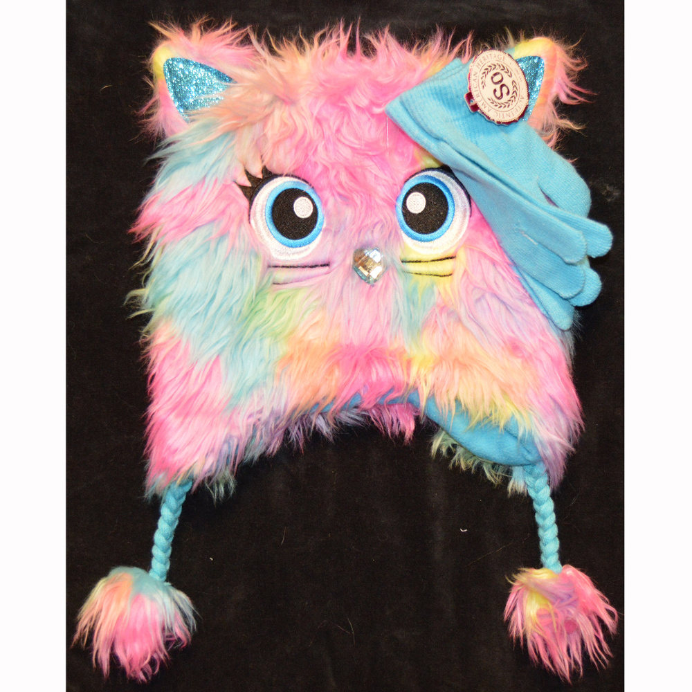 So NWT Girls Rainbow Faux Fur Kitty Cat Trapper Hat & Gloves S M